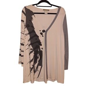 Seventh Avenue Cream Abstract Print V Neck Lagenlook Long Sleeve Tunic Top L